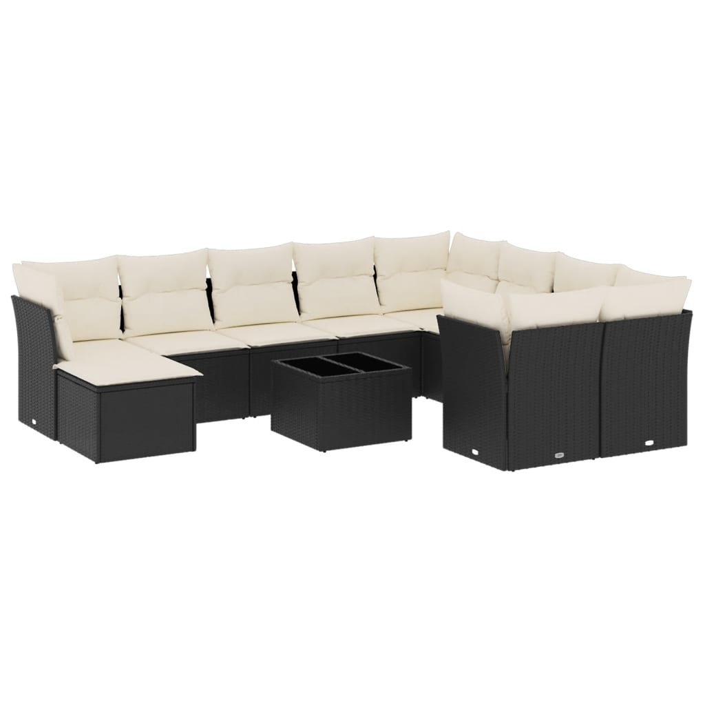 Garden Sofa Set Black PE Rattan, Powder-Coated Steel, Tempered Glass