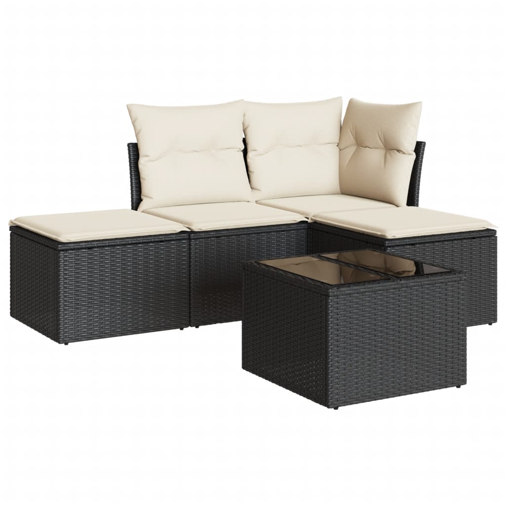 Garden Sofa Set Black PE Rattan, Powder-Coated Steel, Tempered Glass