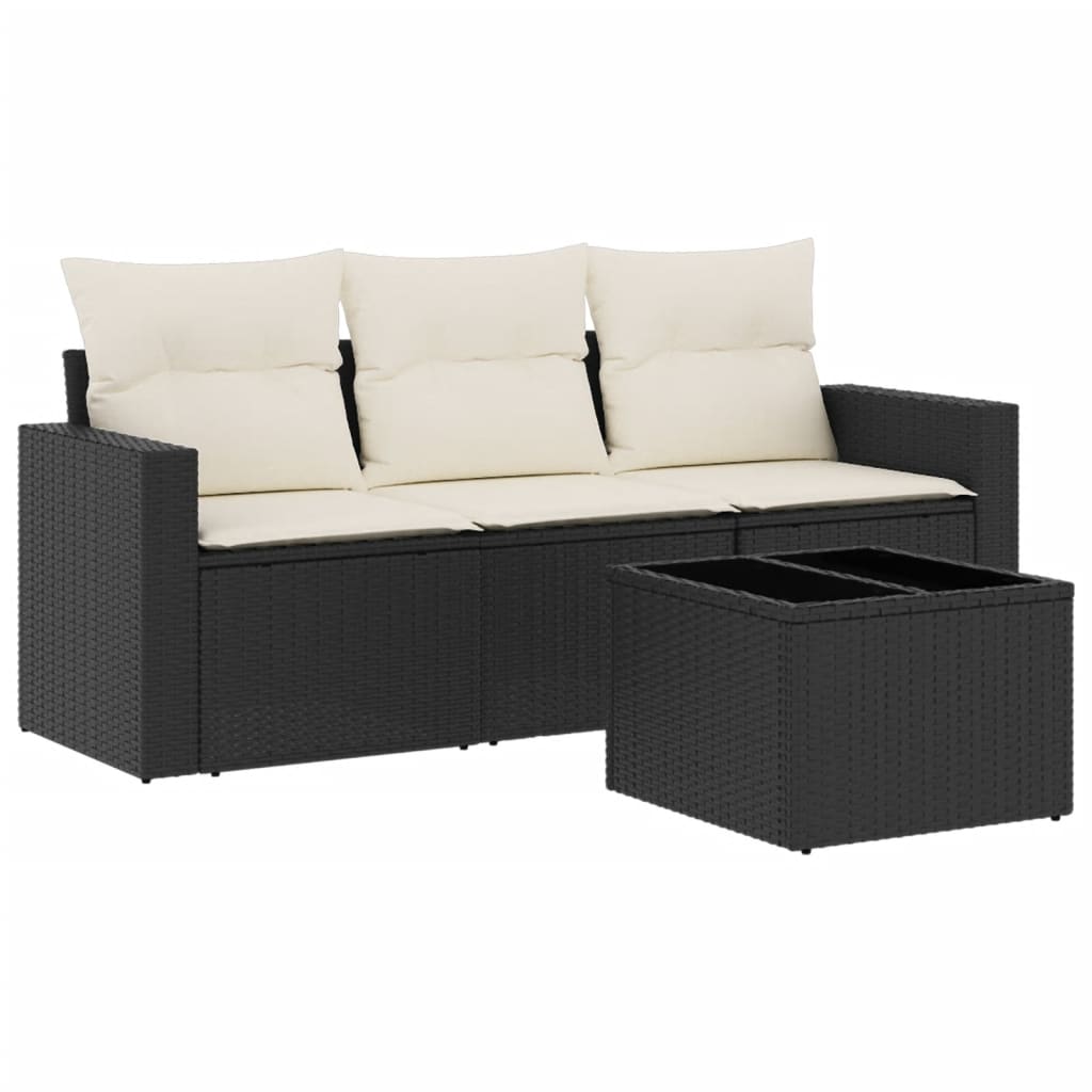 Garden Sofa Set Black PE rattan, powder-coated steel, tempered glass