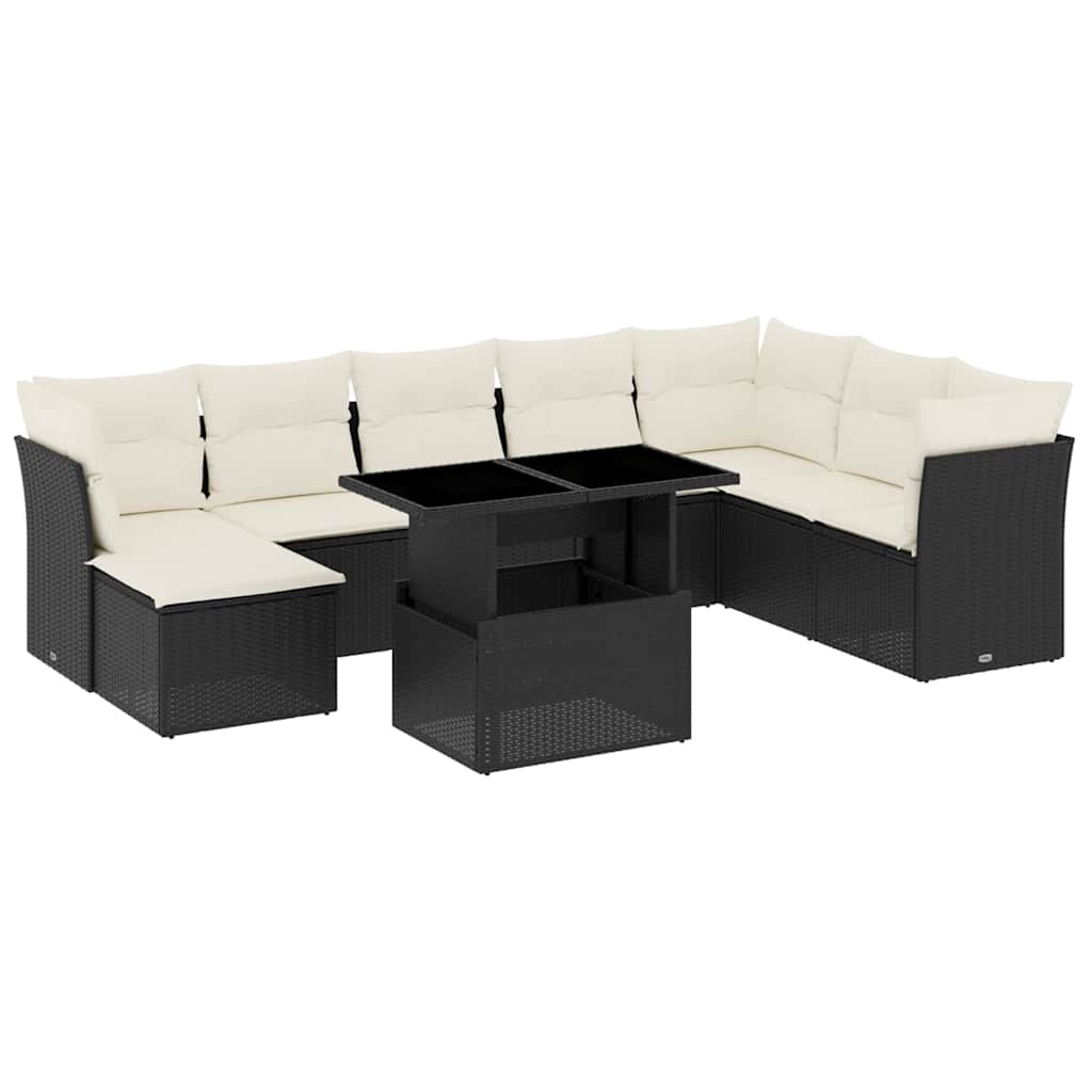 Garden Sofa Set Black PE rattan, powder-coated steel, tempered glass