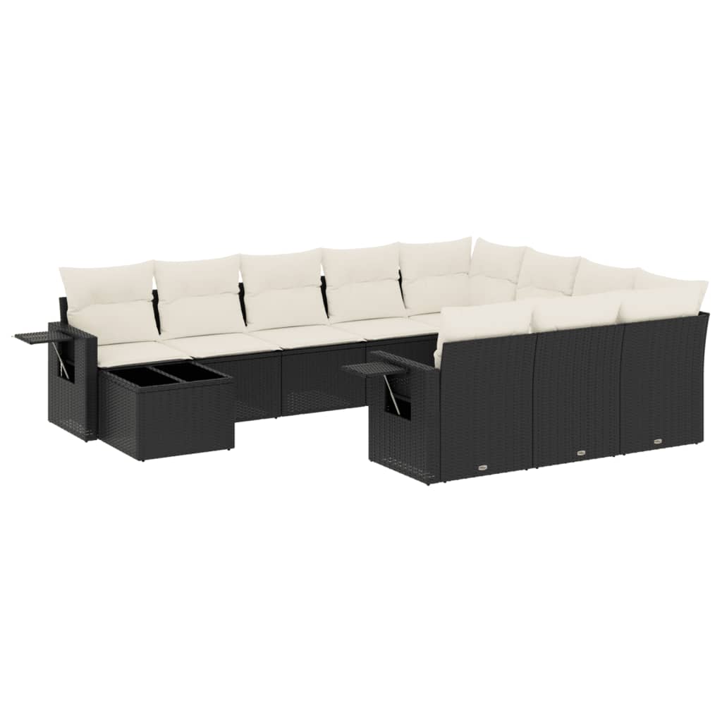 Garden Sofa Set Black PE rattan, powder-coated steel, tempered glass