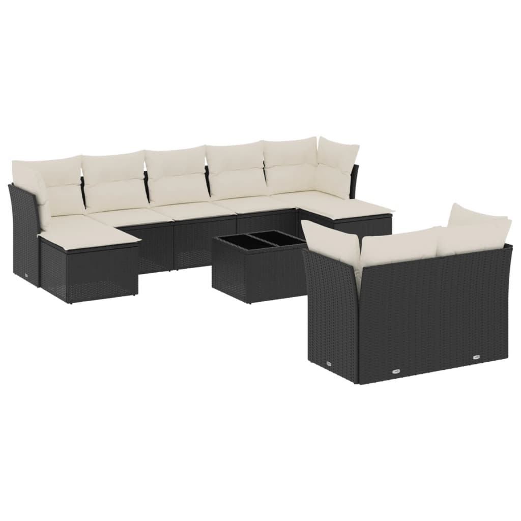 Garden Sofa Set Black PE rattan, tempered glass, foam, polyester