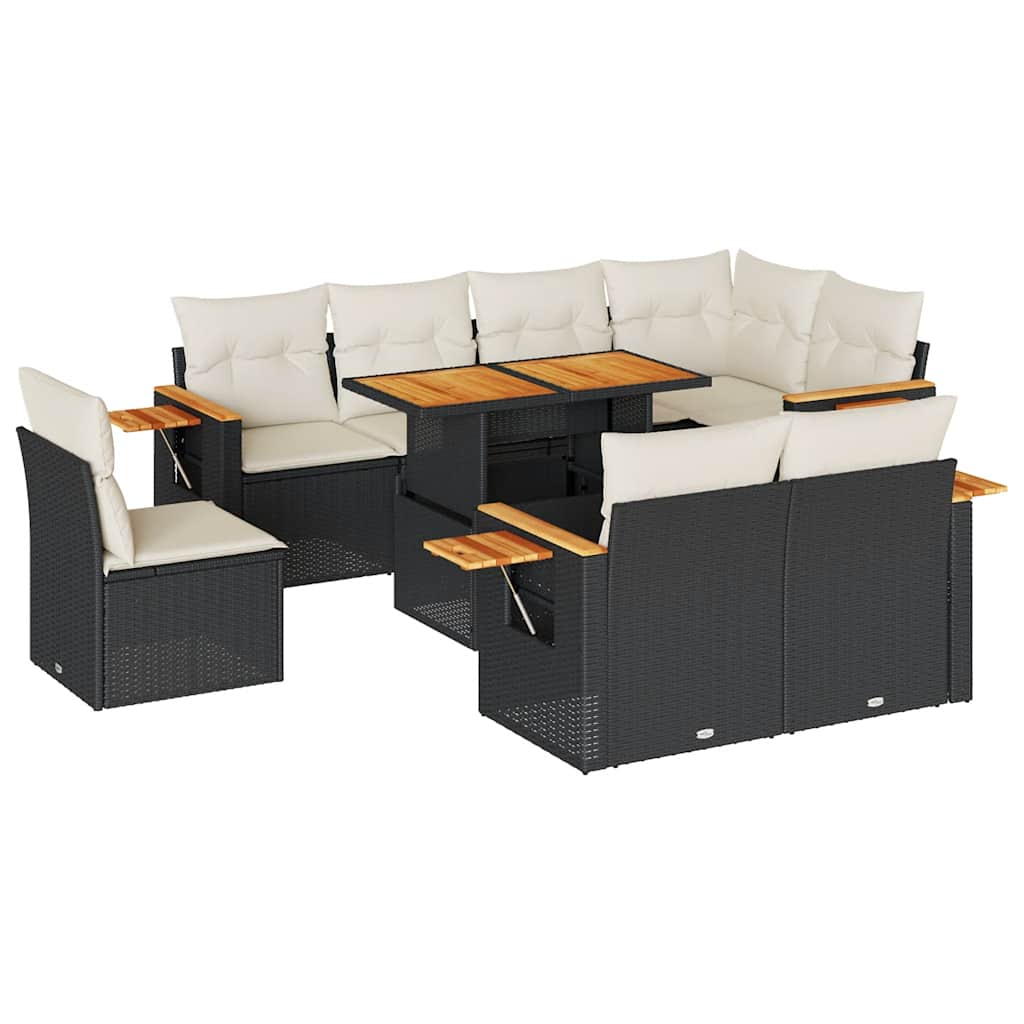 Garden Sofa Set Black Poly Rattan, Acacia Wood, Powder-Coated Steel