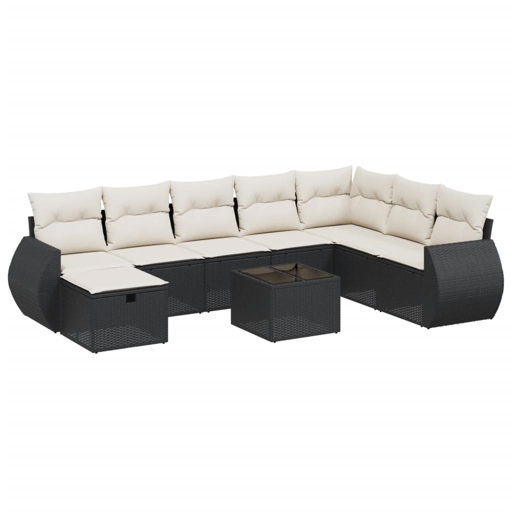 Garden Sofa Set Black Poly Rattan, Tempered Glass, Steel