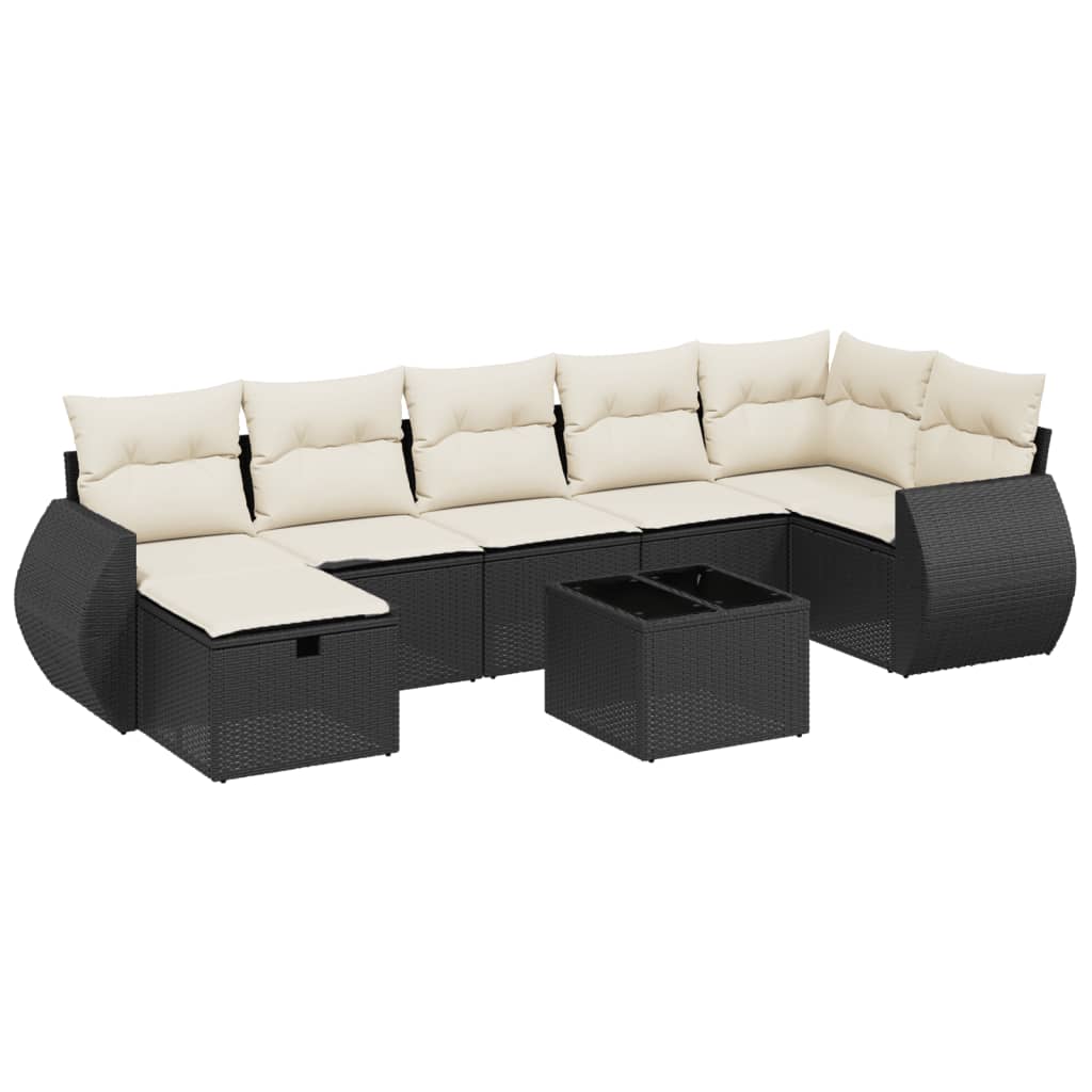 Garden Sofa Set Black Poly Rattan, Tempered Glass, Steel, Fabric