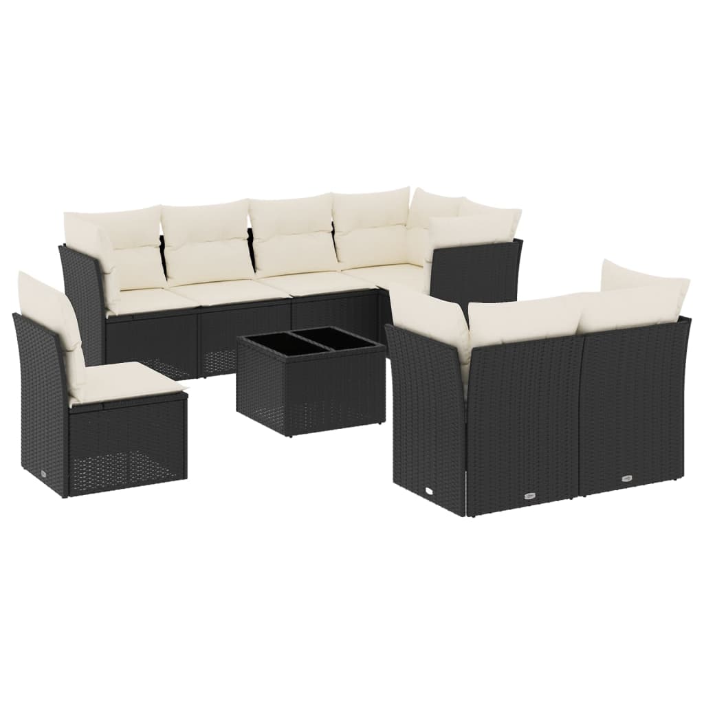 Garden Sofa Set Black Rattan, Cream White Cushions