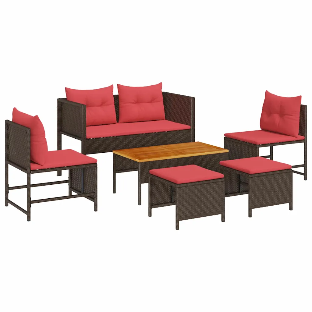 Garden Sofa Set with Cushion 6 pcs Brown and Red Poly Rattan