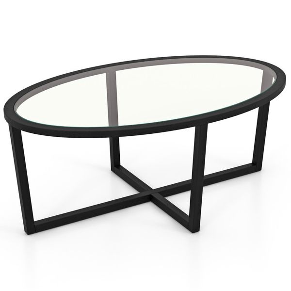 Glass Coffee Table Oval Living Room Table with Cross Base and Acacia Wood Legs