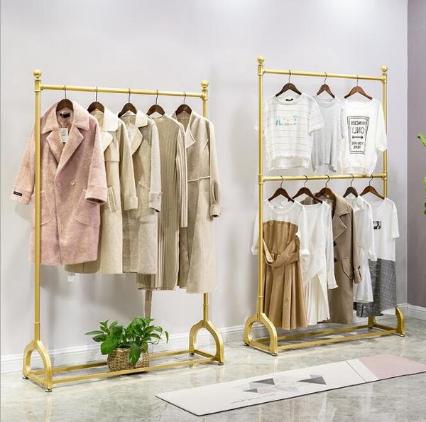 Gold clothing store's adjustable metal double-layer clothing rack for wedding dresses and commercial furniture