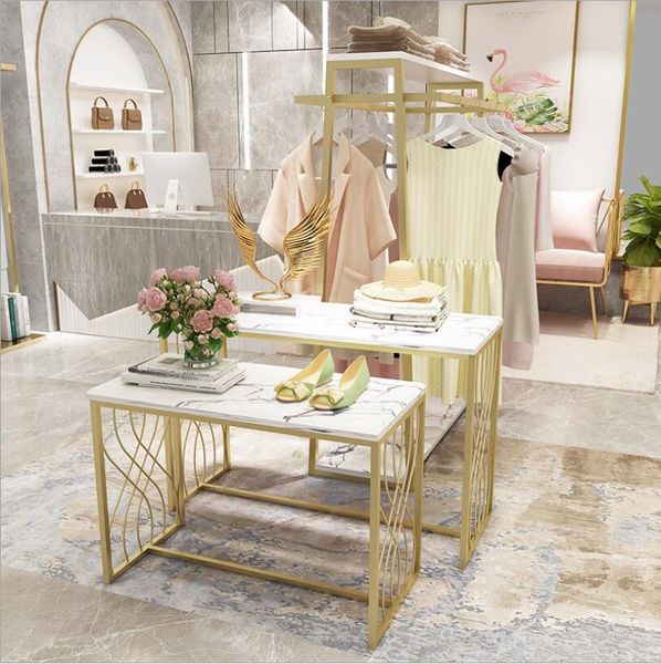 Gold double-row shoe display tables for commercial clothing store racks