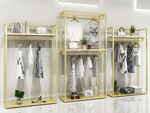 Gold Hanger commercial furniture display racks with golden hangers for men's and women's clothing stores