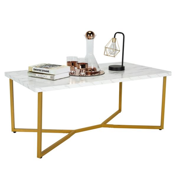 Gold-framed white faux marble coffee table