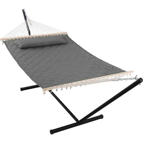 Gray camping hammock chair with stand supports 450 lbs for two people outdoors