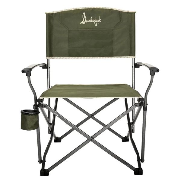 Green folding director's chair for outdoor camping, portable and compact