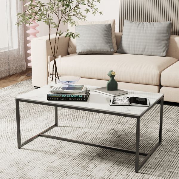Grey rectangular coffee table with black metal frame, perfect for living room decor