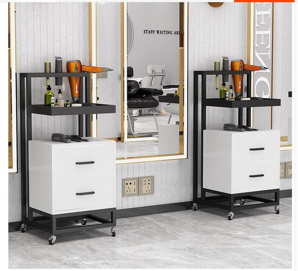 Hairdresser's specialized tool cabinet for salon use, featuring hair cutting racks and styling carts with ironing and dyeing equipment
