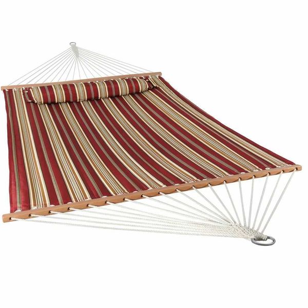Hammocks Family Hammock: 2-Person Quilted Swing Bed with Pillow, Red Stripe Design, Easy-to-Install Modern Outdoor Furniture L2479