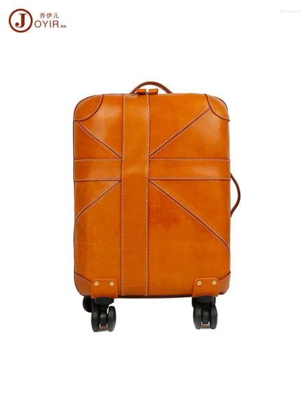Handcrafted 20-inch vintage leather suitcase with silent wheels and a pull handle for business travel