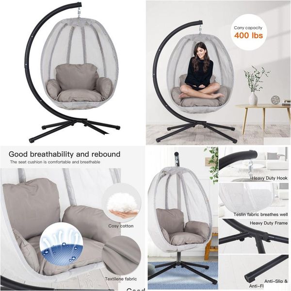 Hanging egg chair with metal stand and cushion, delivered to your home for outdoor relaxation