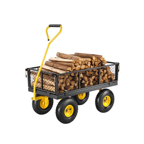 Heavy-duty 500-lb steel garden wagon with 10" all-terrain tires and removable mesh sides