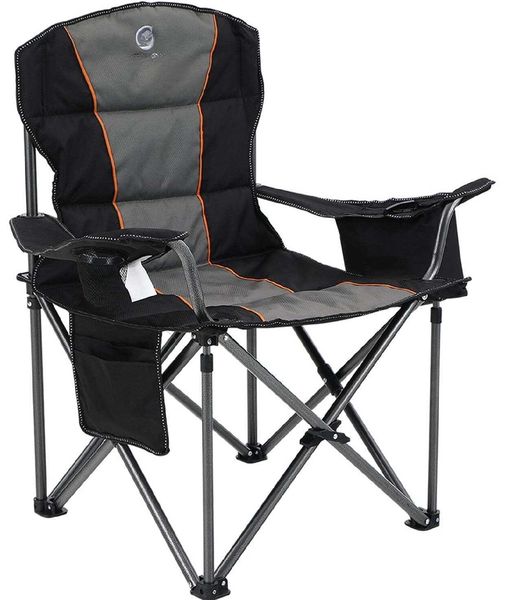 Heavy-duty foldable camping chair featuring a cooler bag and coaster in black, model H241121