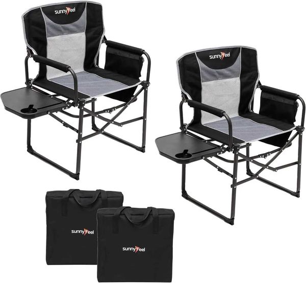 Heavy-duty portable director's chair with side table and beach pocket for travel and fishing