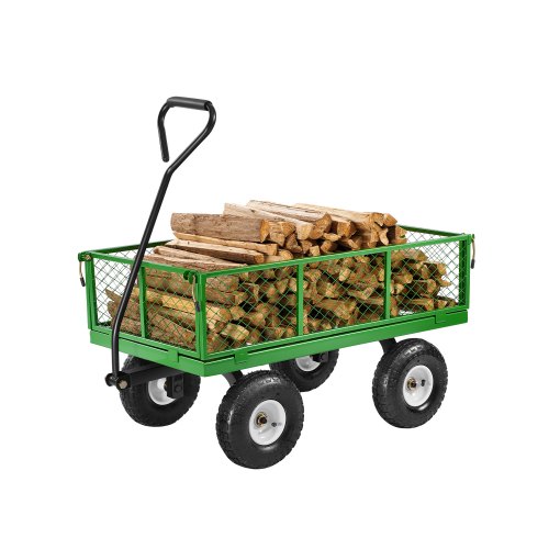 Heavy-duty steel garden cart with 10" wheels and removable mesh sides for versatile outdoor use