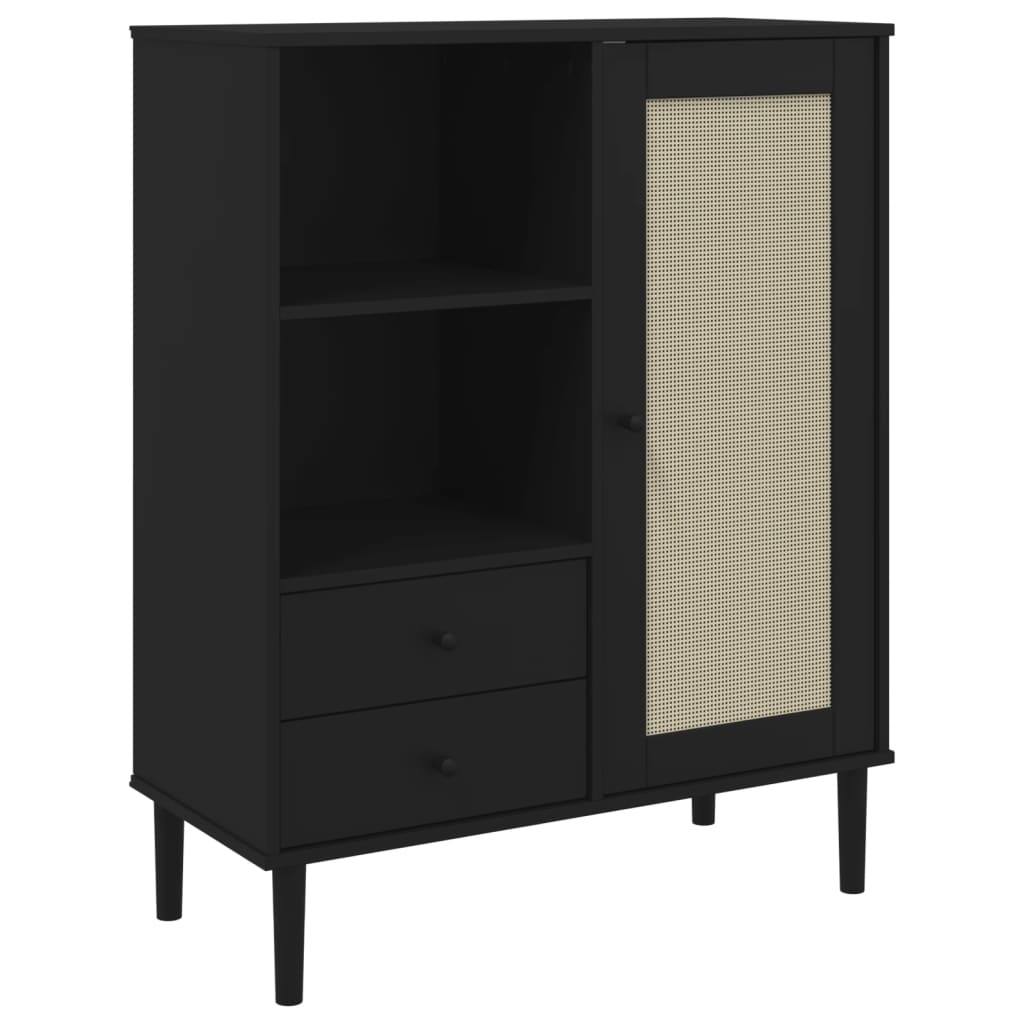 Highboard Black Solid pine wood, engineered wood, poly rattan