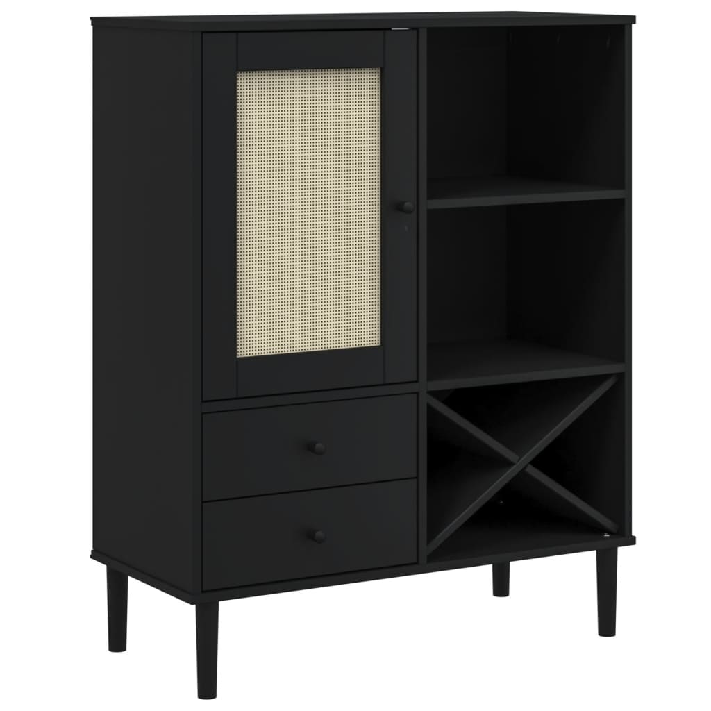 Highboard Black Solid pinewood with UV varnish finish, Poly rattan