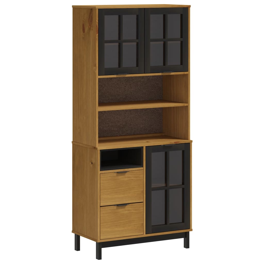 Highboard Brown, Black Solid pine wood, Tempered glass, Plastic
