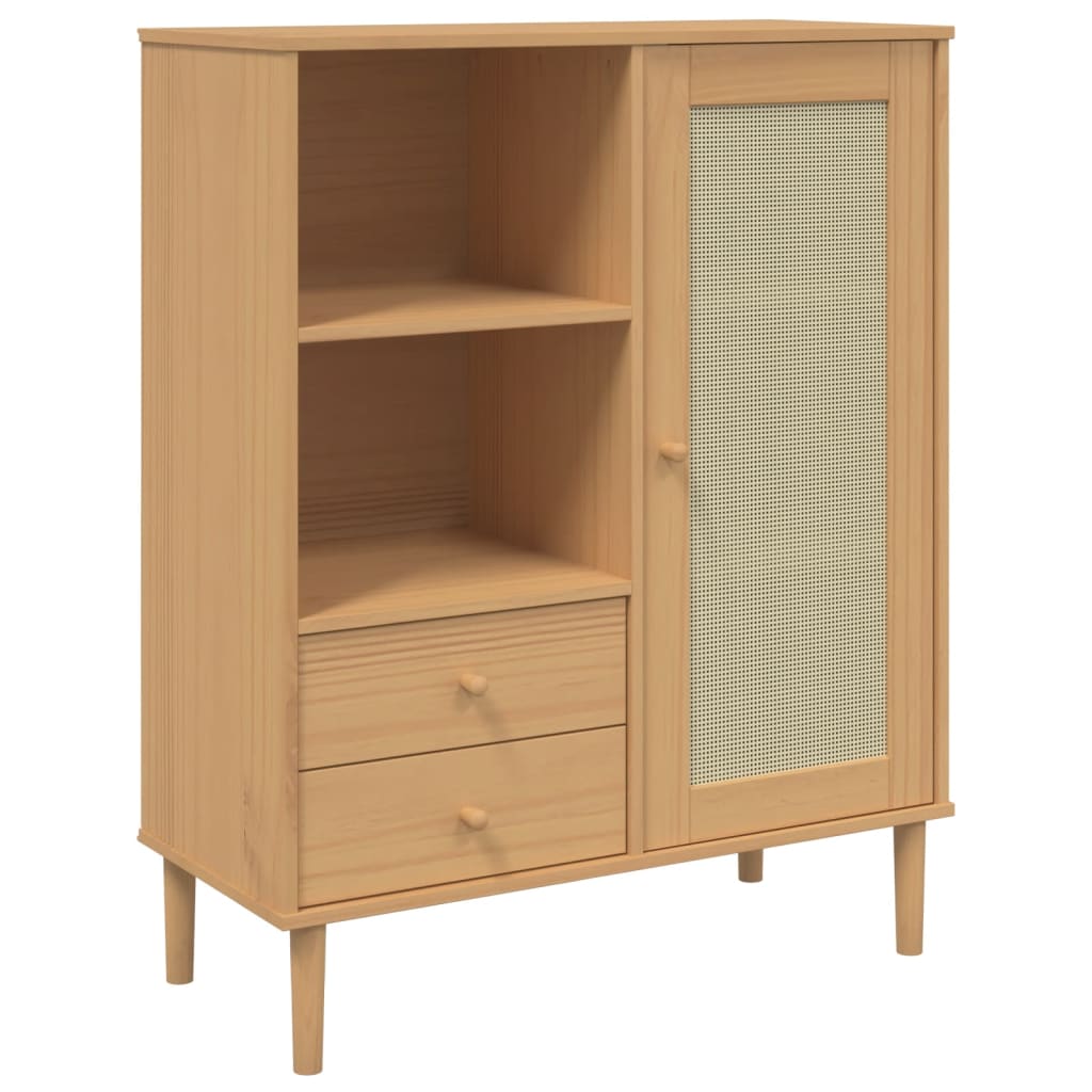 Highboard Brown Solid pine wood, engineered wood, poly rattan Tall