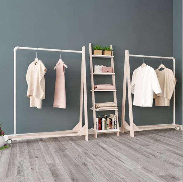 High-end clothing store display rack featuring solid wood and iron tube construction, A-frame single-sided rolling stand for home, hotel, or retail use