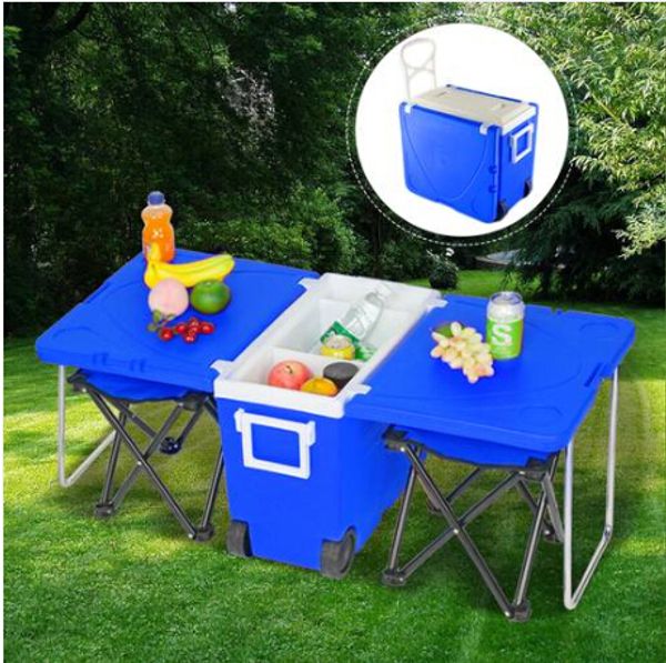 Hot deals! Bulk purchase with free shipping for the versatile Outdoor Picnic Foldable Multi-function Rolling Cooler, now upgraded with a stool feature in blue