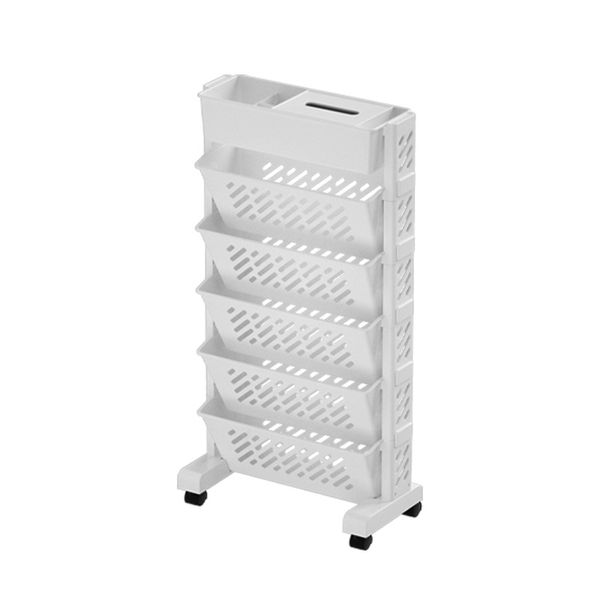 Household living room mobile shelving unit with wheels for books and storage, featuring a hanging desk-side trolley design