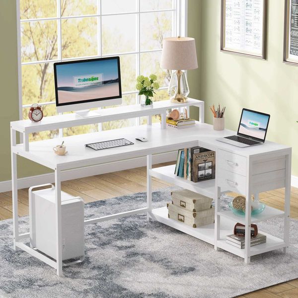 Industrial-style reversible L-shaped desk with drawers, shelves, and monitor stand for home office use