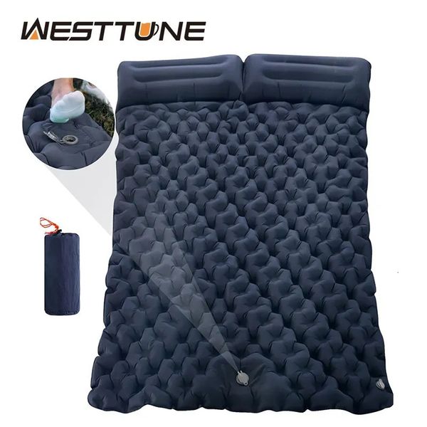 Inflatable camping mattress with integrated pillow pump for outdoor travel and hiking