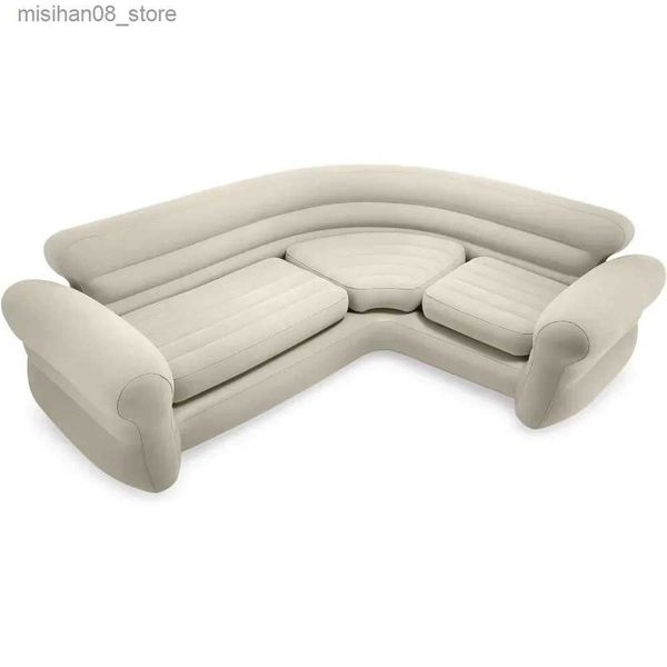 Inflatable L-shaped corner sofa for indoor use with 2-in-1 valve and 880lb capacity, measures 101x80x30 in tan