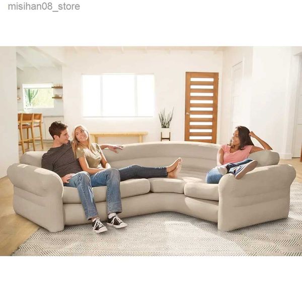 Inflatable L-shaped tan sofa for indoor living room use