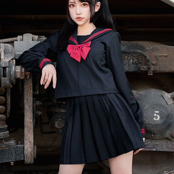 Japanese school uniform for girls in sizes S-2XL, featuring a black and red sailor outfit with a blouse and pleated skirt set