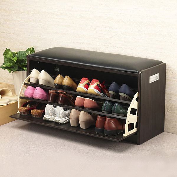 Japanese-style no-install shoe rack with hallway bench, clamshell tip and shoe hanger, size L, made of dense board