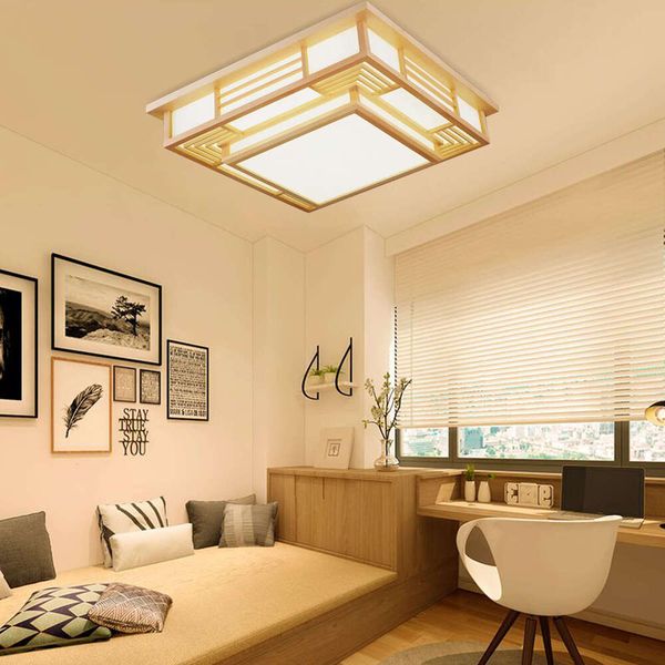 Japanese-style solid wood LED ceiling lamp with remote control for bedroom and living room