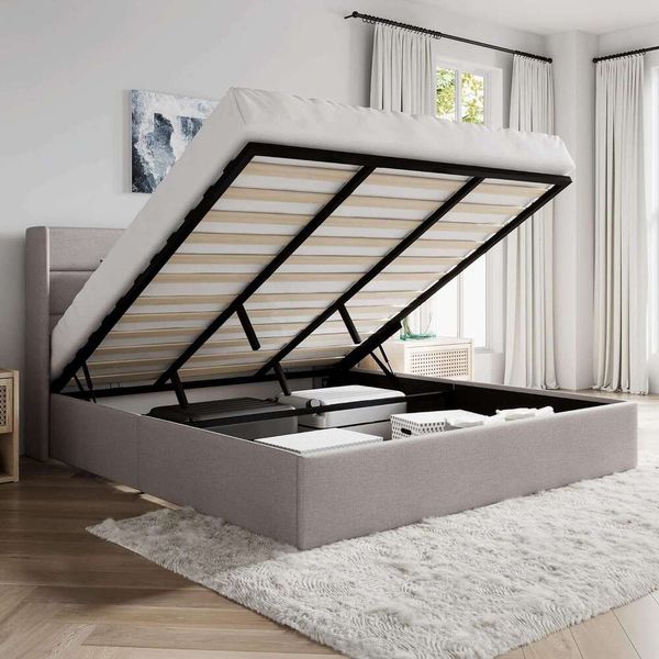 King Size Lift Up Modern Wingback Headboard Upholstered Platform Bed Frame Hydraulic Storage No Box Spring Needed