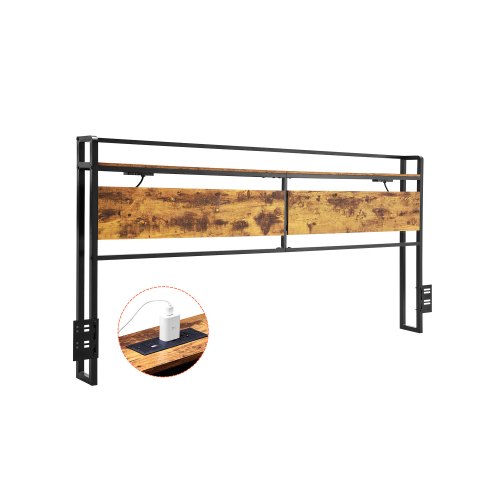 King-size freestanding headboard with adjustable height, storage shelf, and built-in USB ports and outlets