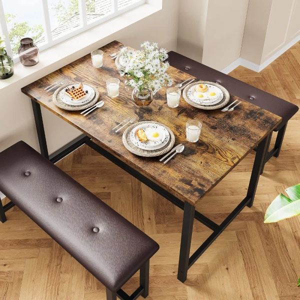 Kitchen table set with benches for four, featuring a wooden design in modern luxury style for home dining