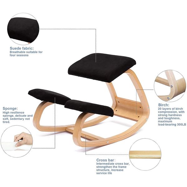 Kneeling chair designed for ergonomic comfort at home or office desks, featuring a rocking base to reduce strain and promote better posture
