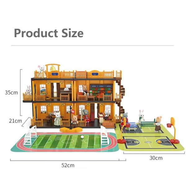 Koala Town miniature school bus playset with dollhouse furniture, forest animals, and family figures for kids' pretend play and gifts