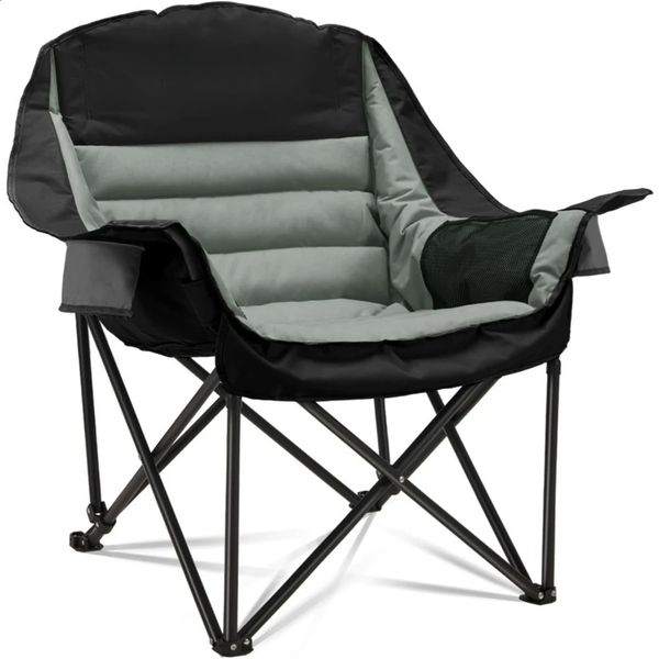 Large portable folding chair for camping with side pockets, cup holder, and carry bag, ideal for adults and fishing
