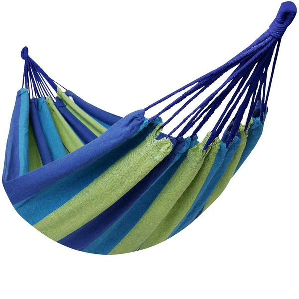 Large two-person outdoor hammock made of durable cotton canvas for camping and relaxation