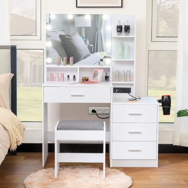 Large vanity set with illuminated mirror and charging station, makeup dressing table featuring 4 storage compartments
