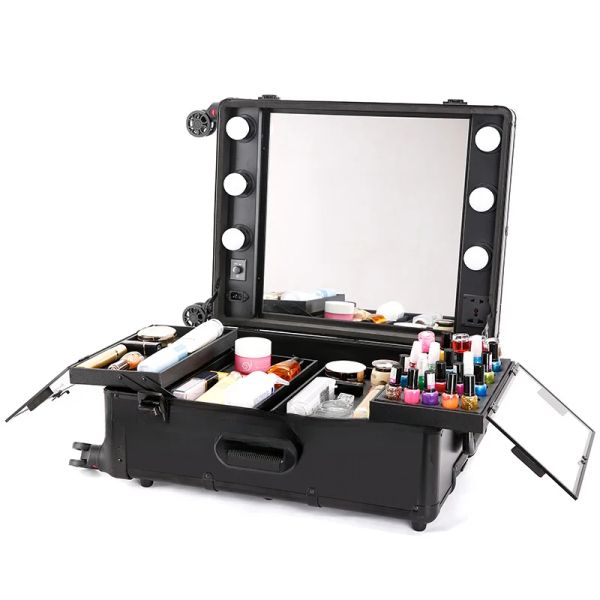 LED cosmetic case with universal wheel storage, studio makeup light box featuring removable design, 1 piece